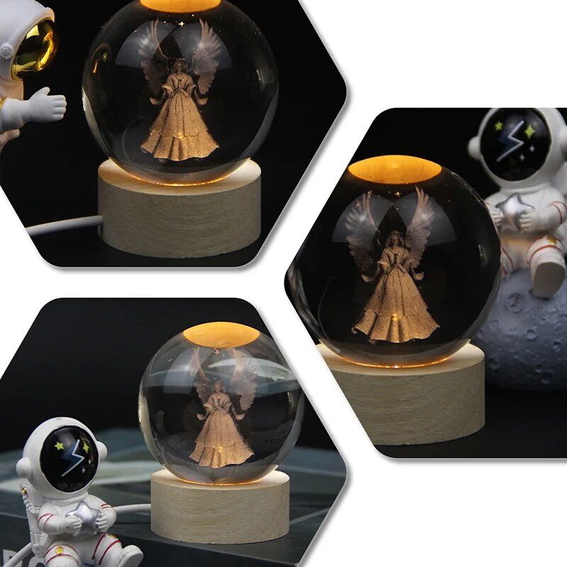 Kreatív angyal Kristálygömb USB lumineszcencia Bola De Cristal tömörfa alap húsvéti ajándék Decoração Para Quarto asztali dekoráció