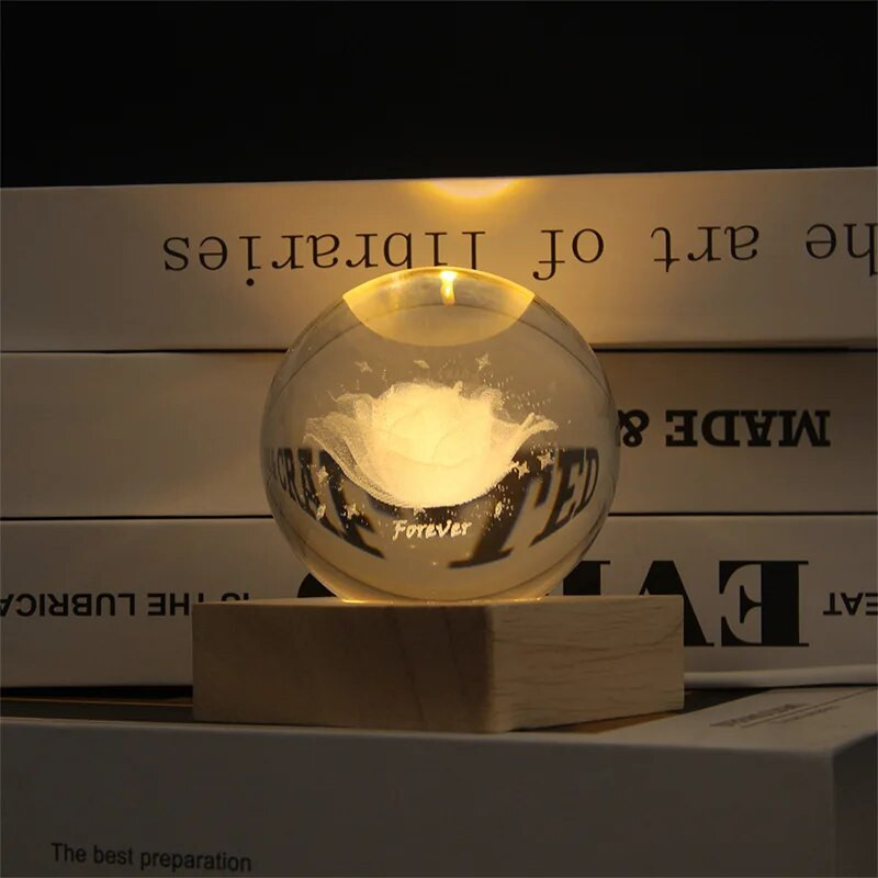 Kreatív rózsák 3D Bola De Cristal USB Hálószoba Éjszakai Fény Barát születésnapja Valentin-napi ajándék kristálygömbök asztali dekoráció