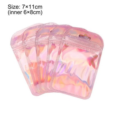 50db/zsák Irizáló önzáró tasakok átlátszó akasztólyukkal ékszerkijelző csomagoló táskák