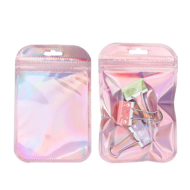 50db/zsák Irizáló önzáró tasakok átlátszó akasztólyukkal ékszerkijelző csomagoló táskák