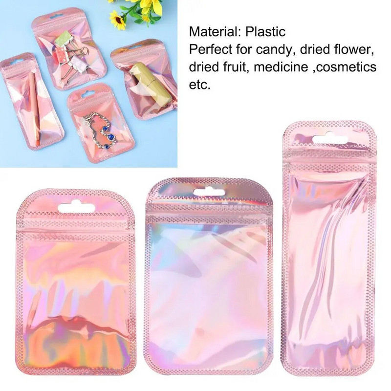 50db/zsák Irizáló önzáró tasakok átlátszó akasztólyukkal ékszerkijelző csomagoló táskák