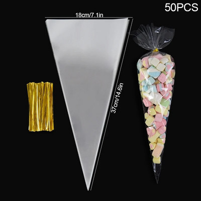 50 db műanyag átlátszó cukorka zacskók háromszögű snack táska popcorn süti csomagoló táska esküvői születésnapi babazuhanyhoz