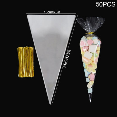 50 db műanyag átlátszó cukorka zacskók háromszögű snack táska popcorn süti csomagoló táska esküvői születésnapi babazuhanyhoz