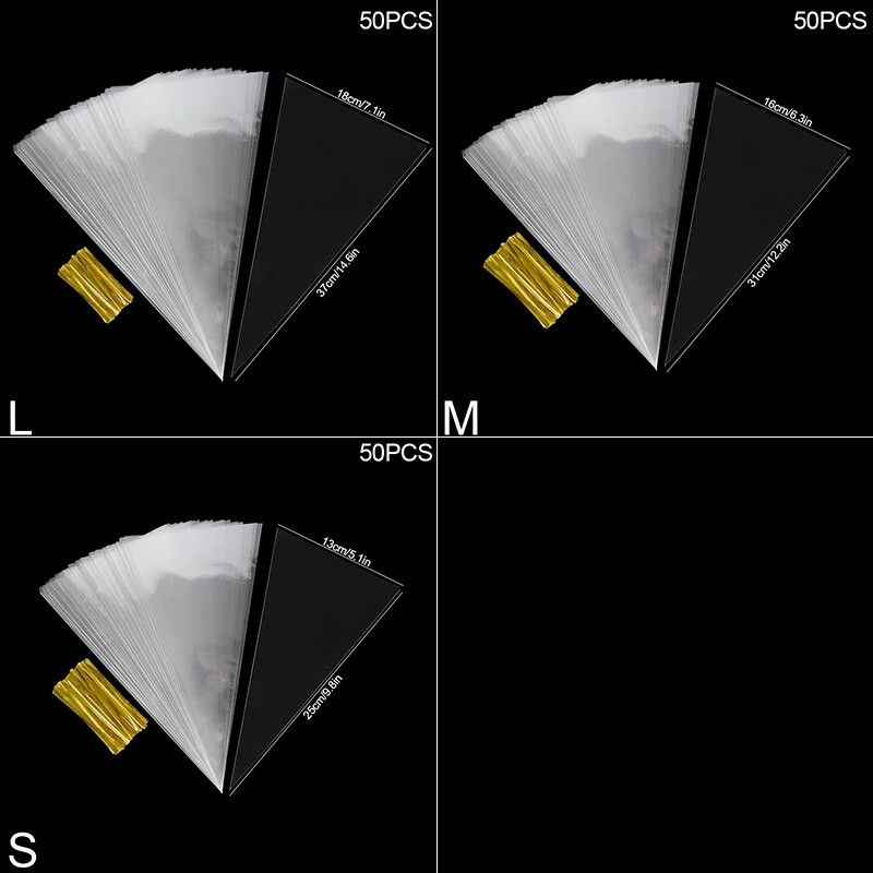 50 db műanyag átlátszó cukorka zacskók háromszögű snack táska popcorn süti csomagoló táska esküvői születésnapi babazuhanyhoz