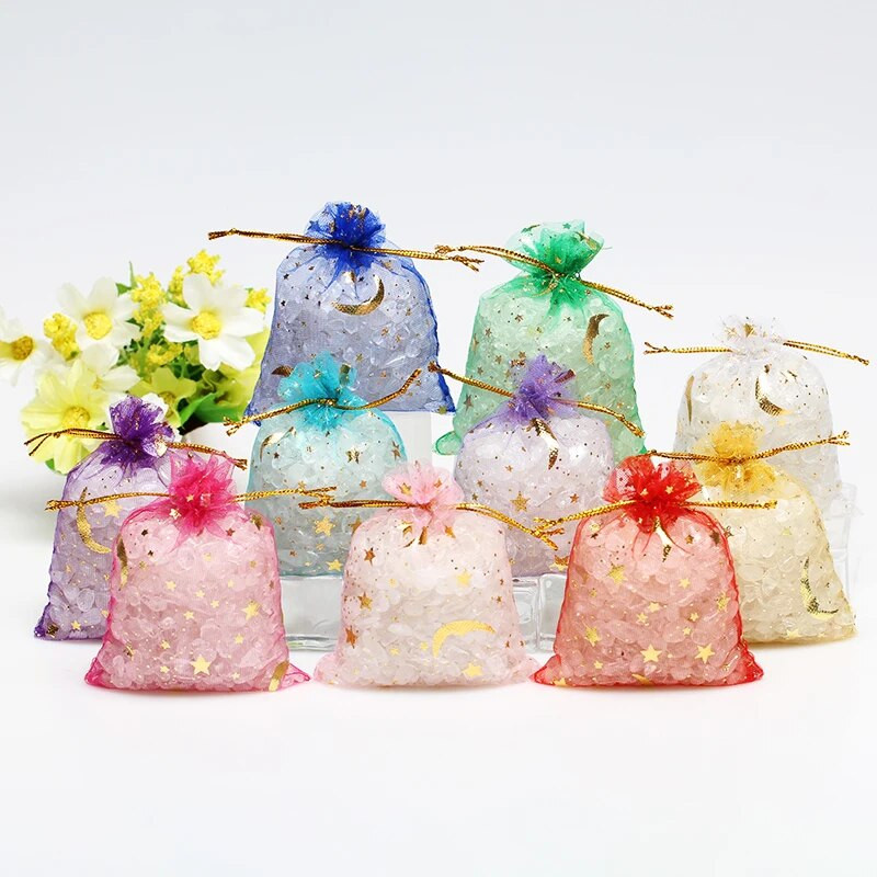 50db Stars & Moon Design Organza áttetsző géz elem ékszertáskák tüll szövet Esküvői ajándéktáskák tasak OrganzaAjándéktáska