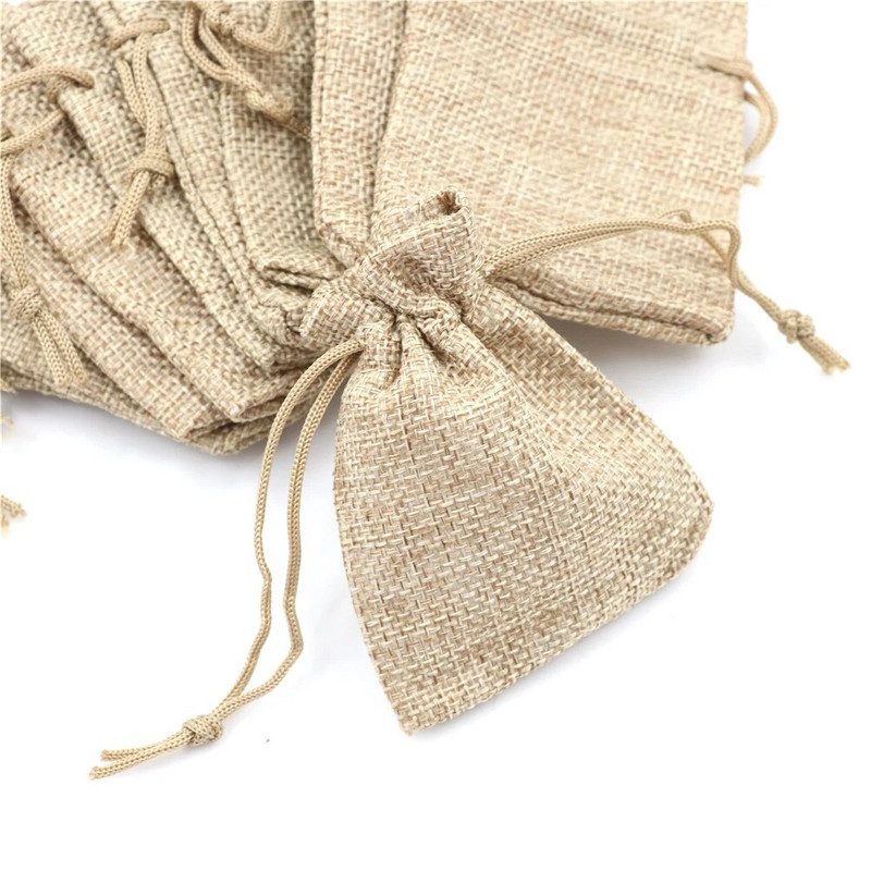 10db kicsi, kiváló minőségű természetes lenvászon tároló zsinór táskák karácsonyi ajándékcsomag tok Otthoni pamut zsákok rendezése