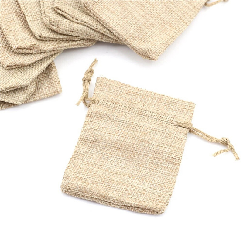 10db kicsi, kiváló minőségű természetes lenvászon tároló zsinór táskák karácsonyi ajándékcsomag tok Otthoni pamut zsákok rendezése