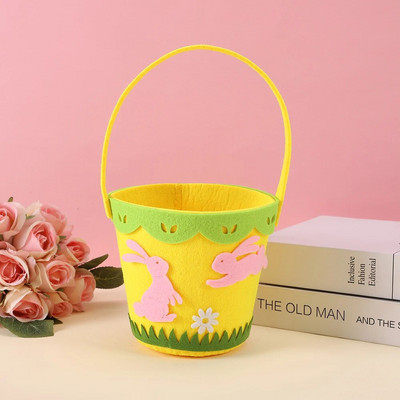 1 db, filc húsvéti hordkosár tároló vödör, kézzel készített nem szőtt kosár ajándéktáska dekorációs vödör, rózsaszín nyúl zöld fű d