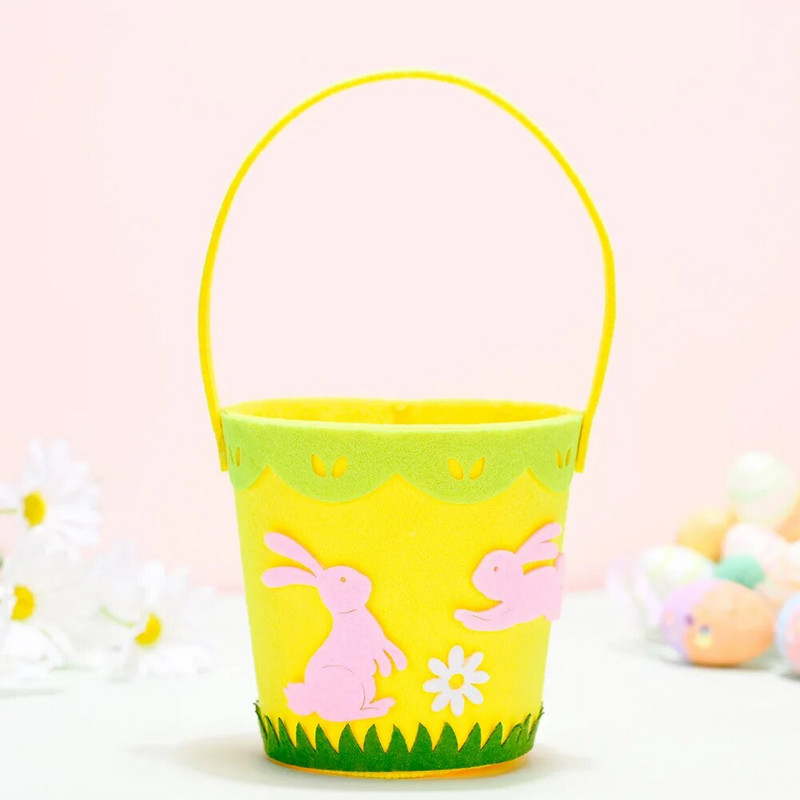 1 db, filc húsvéti hordkosár tároló vödör, kézzel készített nem szőtt kosár ajándéktáska dekorációs vödör, rózsaszín nyúl zöld fű d