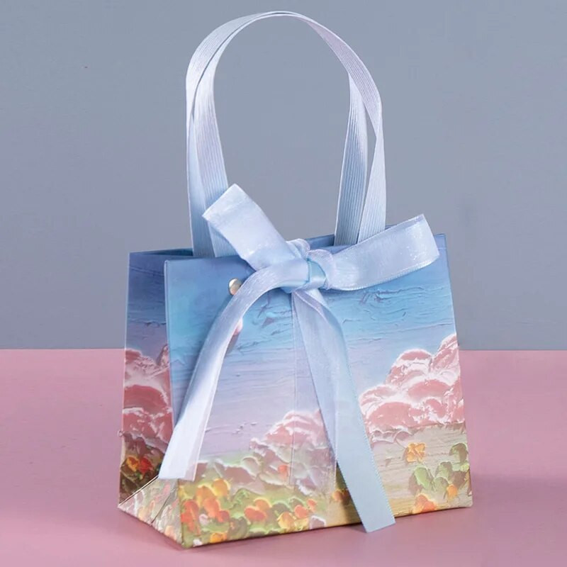 Virágos ajándékcsomagoló táska 3D felhő olajfestmény papírtáska Valentin-napi születésnapi esküvői buli szívességi táska ruhabolt kézitáska