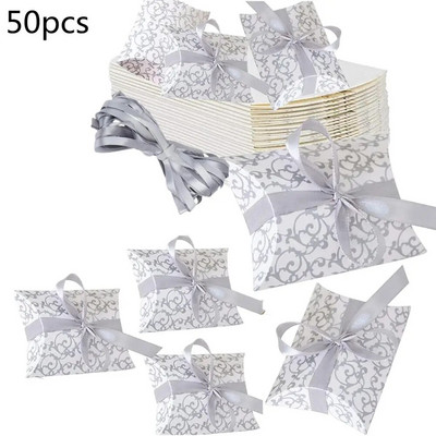 Cutie de bomboane în formă de pernă cu model de 50 buc cu panglică Spațiu amplu pentru favoruri de nuntă, bijuterii, gustări, ciocolată, biscuiți, ambalare