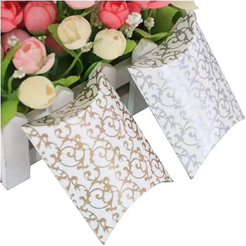 Cutie de bomboane în formă de pernă cu model de 50 buc cu panglică Spațiu amplu pentru favoruri de nuntă, bijuterii, gustări, ciocolată, biscuiți, ambalare