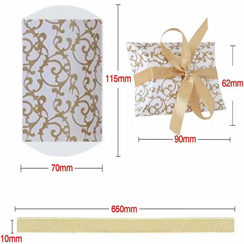 Cutie de bomboane în formă de pernă cu model de 50 buc cu panglică Spațiu amplu pentru favoruri de nuntă, bijuterii, gustări, ciocolată, biscuiți, ambalare