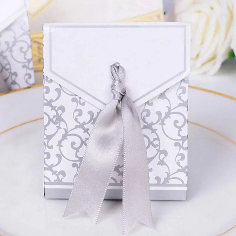 50 buc. Cutii de bomboane, auriu, argintiu, cu panglică, cutie de ciocolată, cutie de cadouri pentru favoare pentru petrecerea de nuntă, cutii de hârtie pentru baby shower, decor pentru ziua de naștere