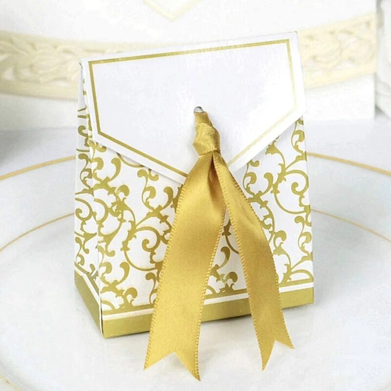 50 buc. Cutii de bomboane, auriu, argintiu, cu panglică, cutie de ciocolată, cutie de cadouri pentru favoare pentru petrecerea de nuntă, cutii de hârtie pentru baby shower, decor pentru ziua de naștere