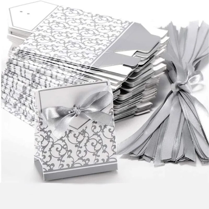50 buc. Cutii de bomboane, auriu, argintiu, cu panglică, cutie de ciocolată, cutie de cadouri pentru favoare pentru petrecerea de nuntă, cutii de hârtie pentru baby shower, decor pentru ziua de naștere
