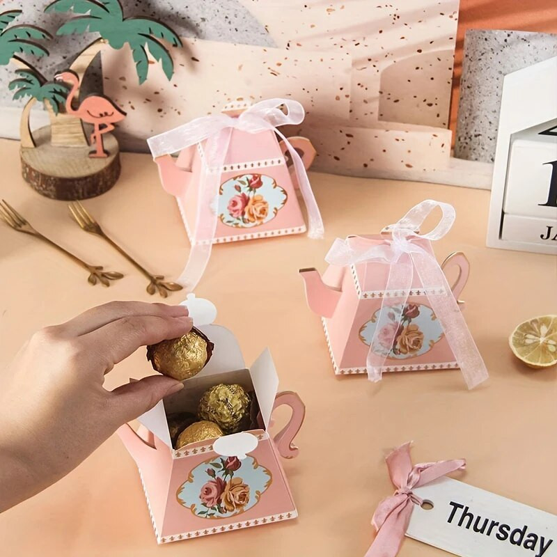 10db Kreatív bronzosító teáskanna cukorkadoboz Retro desszert délutáni tea tortás dobozok esküvői születésnapi parti ajándékok csomagoló kellékek