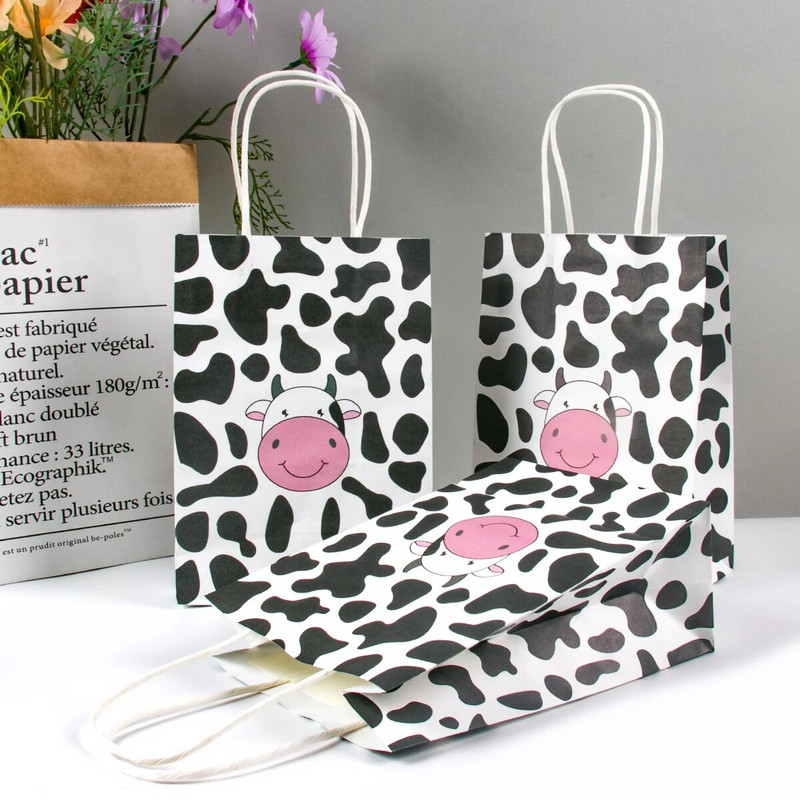 12 vnt. Ūkio tema Mieli animaciniai filmukai, popieriniai karvės dovanų maišeliai, popieriniai saldainiai, sausainių maišeliai, krepšeliai, skirti gimtadienio vakarėliui, kūdikių dušo reikmenys