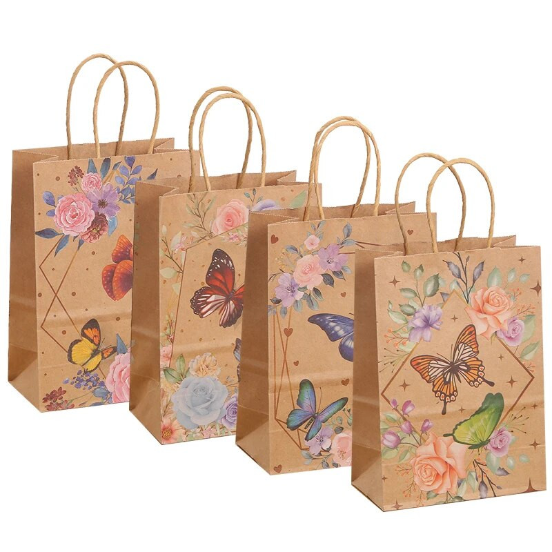 12 komada vrećica od kraft papira s printom leptira s ručkom Poklon vrećica za kolačiće i slatkiše Vrećica za poklone za vjenčanje Baby Shower Dekoracija za rođendansku zabavu
