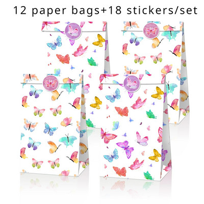 12 DB Butterfly Party Papír Ajándéktáska Candy Bags Kraft Treat Papírtasakok Kid Birthday Baby Shower Party kellékek Dekoráció