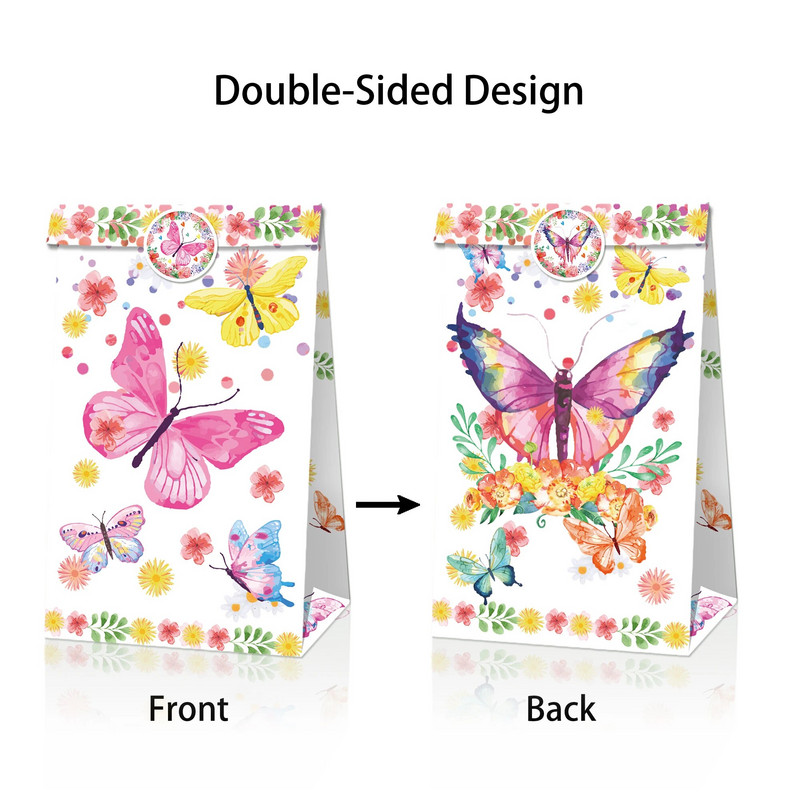 12 DB Butterfly Party Papír Ajándéktáska Candy Bags Kraft Treat Papírtasakok Kid Birthday Baby Shower Party kellékek Dekoráció