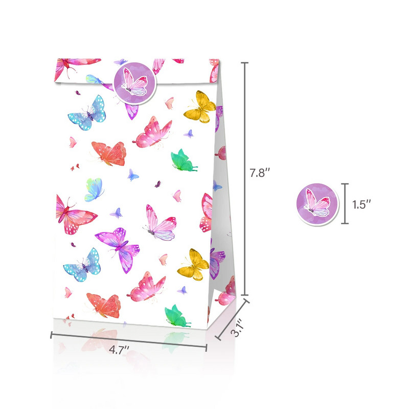 12 DB Butterfly Party Papír Ajándéktáska Candy Bags Kraft Treat Papírtasakok Kid Birthday Baby Shower Party kellékek Dekoráció