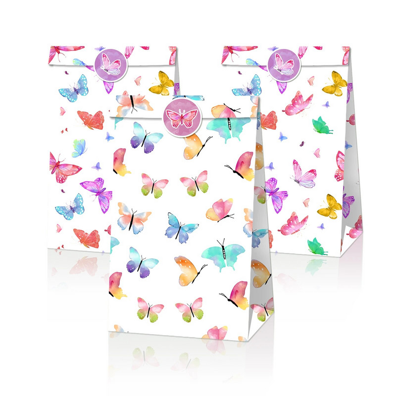 12 DB Butterfly Party Papír Ajándéktáska Candy Bags Kraft Treat Papírtasakok Kid Birthday Baby Shower Party kellékek Dekoráció