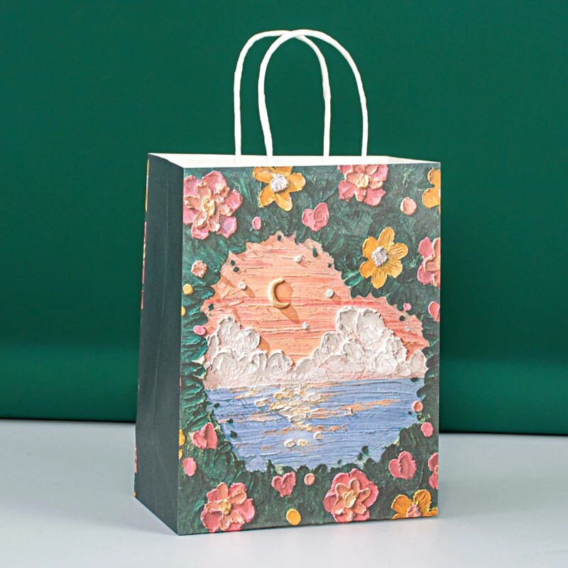 4 ks krásna olejomaľba tote taška prenosná kraft papierová darčeková taška s rukoväťou valentínska svadobná párty darčeková krabička