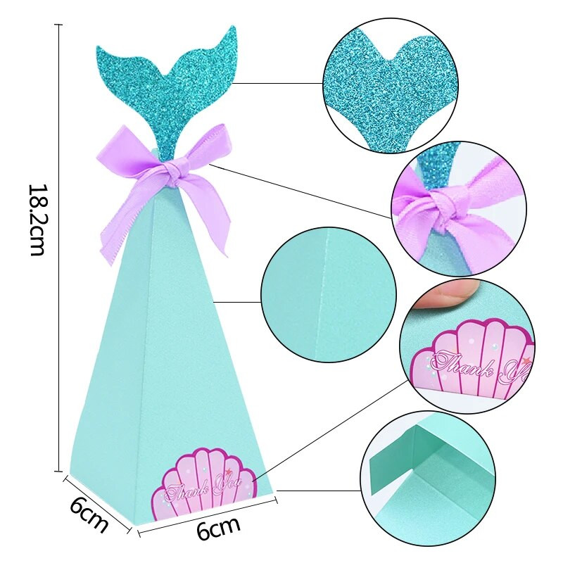 Cutie de hârtie DIY pentru petrecere cu sirenă, cutie de bomboane de sirenă, pentru baby shower, nuntă, pentru copii, decorare pentru petrecerea de naștere, cutie de cadouri