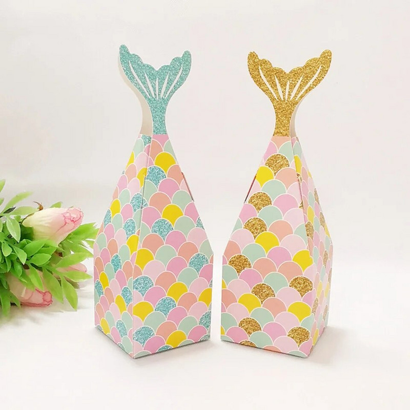 5 vnt. Mermaid Tail saldainių dėžutės Sausainiai Pakavimo Popierinės dėžutės vaikams Gimtadienio vakarėlio dekoras Mermaid Vestuvinių saldainių dėžutės reikmenys