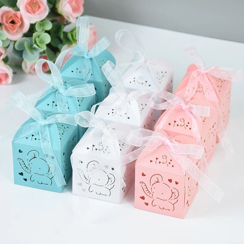 10/20 ks ružovo-modrých sloníc na cukríky, laserom rezané duté darčekové krabičky so stuhou, narodeninová oslava, odhalenie pohlavia, potreby