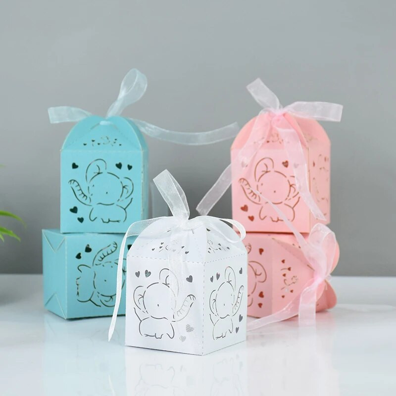 10/20 ks ružovo-modrých sloníc na cukríky, laserom rezané duté darčekové krabičky so stuhou, narodeninová oslava, odhalenie pohlavia, potreby