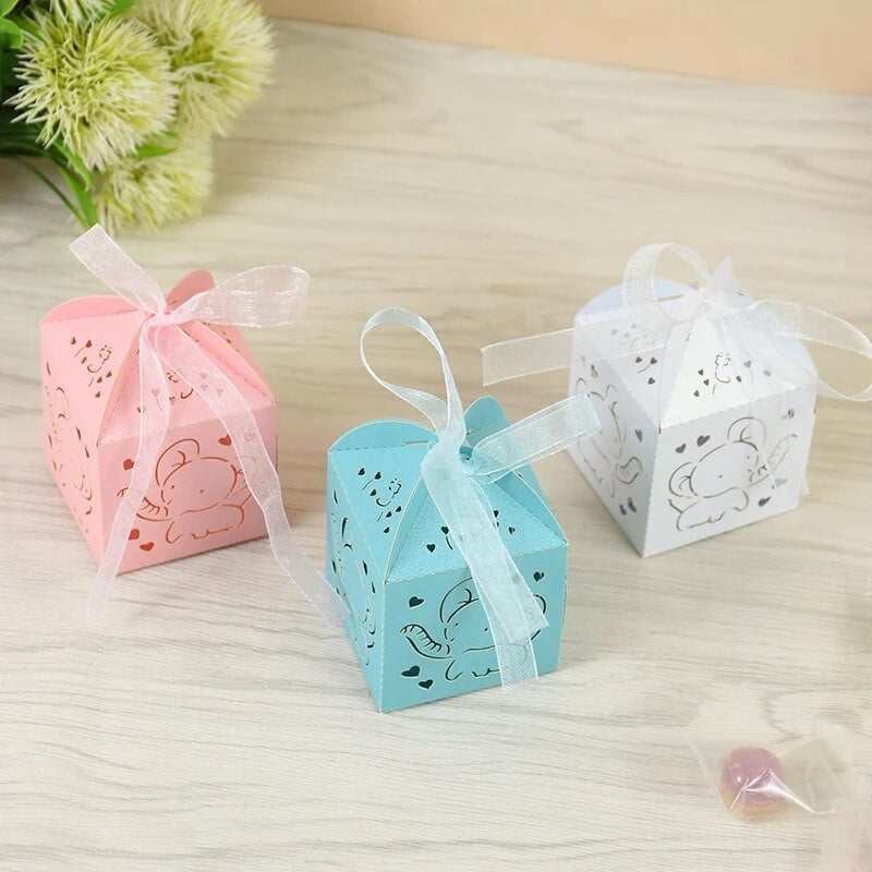 10/20 ks ružovo-modrých sloníc na cukríky, laserom rezané duté darčekové krabičky so stuhou, narodeninová oslava, odhalenie pohlavia, potreby