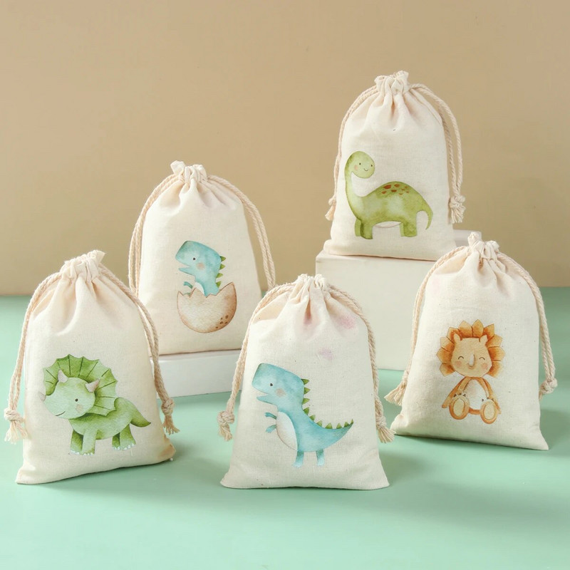 6 vnt. Gyvūnų vienaragių dinozaurų medvilniniai dovanų maišeliai Gimtadienio vakarėlio dekoravimui Vaikų vestuvių vakarėliui palankus kūdikių dušas Medvilninis lininis dovanų maišelis