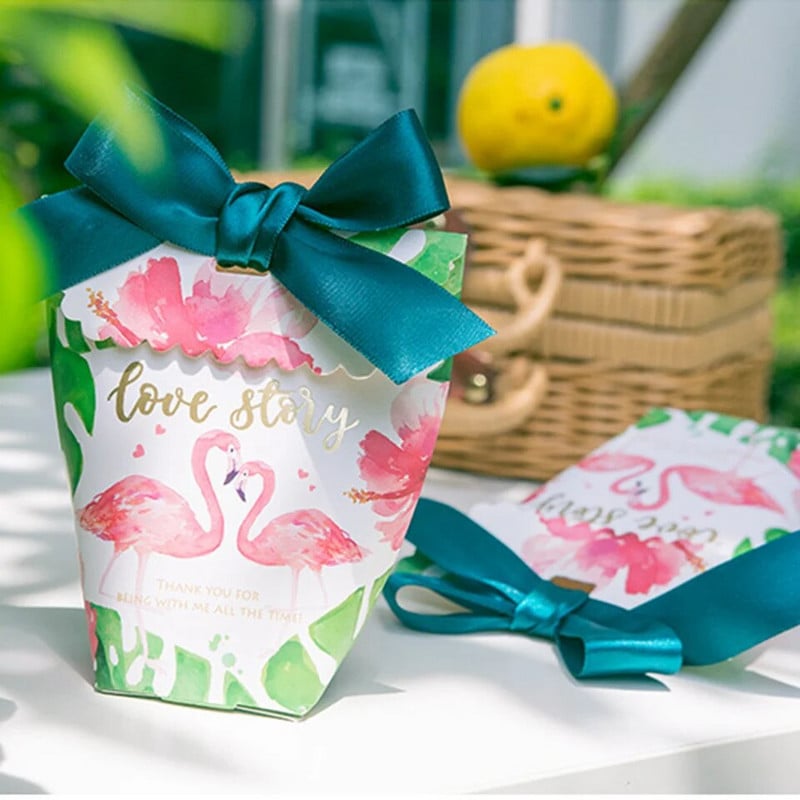 5 ks Flamingo cukrovinky krabica papierové cukrovinky balenie krabice so stuhou pre Flamingo letné narodeniny svadobné párty baliace potreby