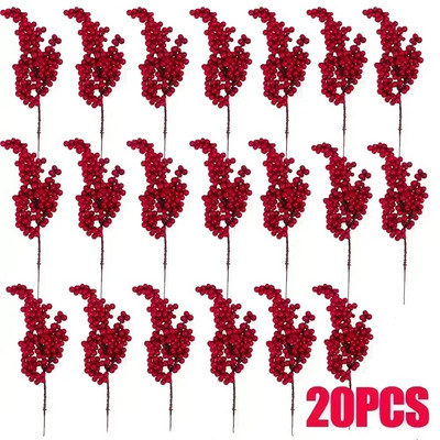 1/20 vnt Dirbtinių uogų Kalėdų puošmena Raudonų uogų šakelės Kalėdų eglutės vakarėliui Namų stalo papuošalai Vaisių vainiko dekoras