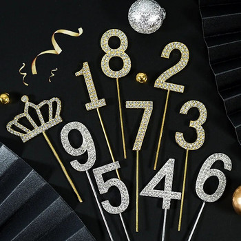 Glitter Rhinestone Number Cake Toppers Gold Silver 0-9 Ψηφιακή διακόσμηση τούρτας γενεθλίων για διακόσμηση γαμήλιου πάρτι Baby Shower