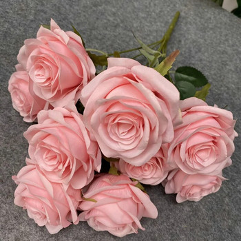 9 рози Голям букет Изкуствени цветя Сватба Висококачествени рози Начало Декор Сцена Дисплей Флорален подарък Розово Бяла Камелия