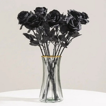 3PCS Simulation Plant Pure Black Single Rose Holiday Party Decorations Dark Series Personalized Halloween Fake Flowers