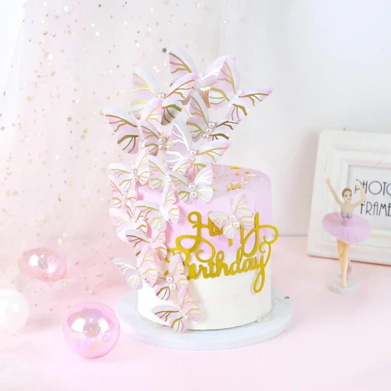 10 vnt. štampavimo aukso spalvos rožinės spalvos drugelių pyragaičiai princesės mergaitės vestuvės su gimtadieniu vakarėlio dekoras Desertinis pyragas dekoras drugelis