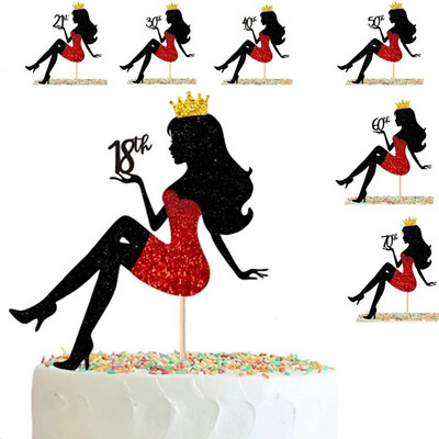 Κόκκινα ψηλοτάκουνα Lady 18 21 30th Happy Birthday Paper Cake Topper Wedding Girls Cake Toppers for Birthday Party Cake Topper