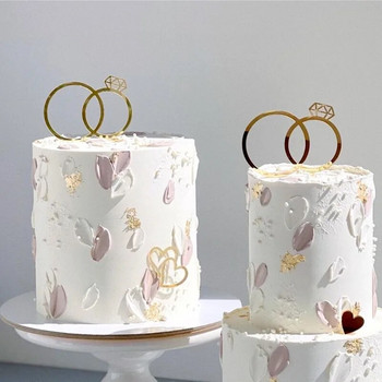Нов No Stick Love Wedding Cake Topper Златен годежен пръстен Акрилен Cupcake Topper за консумативи за сватбени тържества Декорации на торти