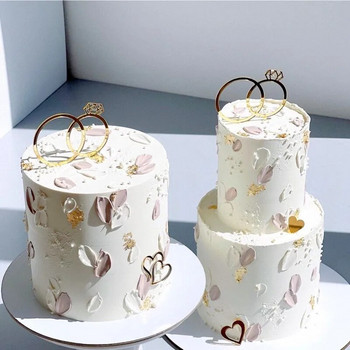 Нов No Stick Love Wedding Cake Topper Златен годежен пръстен Акрилен Cupcake Topper за консумативи за сватбени тържества Декорации на торти