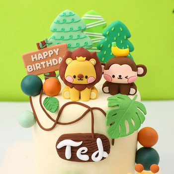 Ново горско животно Жираф Лъв Слон Карикатура Топпер за торта Детско парти за 1-ви рожден ден Декорации за кексчета Тема за джунглата Сладки подаръци
