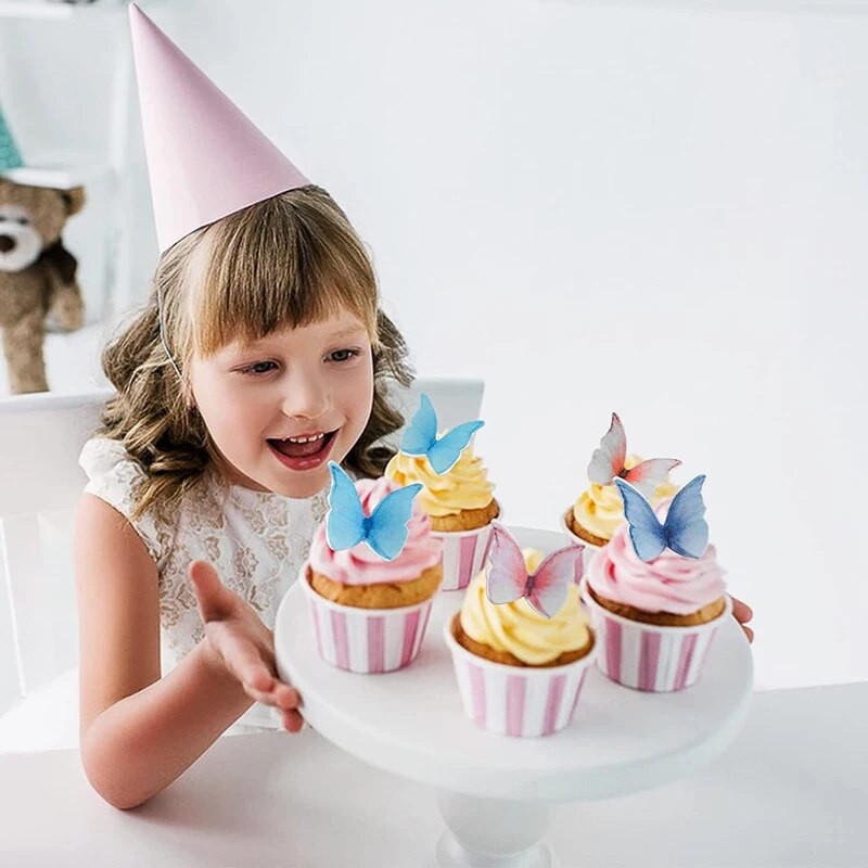 Ēdamā vafeļu papīra tauriņu komplekts ar 48 purpursarkaniem krāsainiem kūku rotājumiem, jauktu krāsu kūku kūku dekors