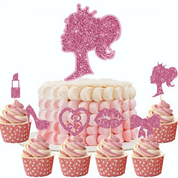 Нова украса за парти на Барби, розово бляскаво момиче, горна част за торта принцеса, горна част за кексчета за сватба, рожден ден, украса за парти