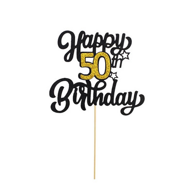 1vnt., Juodasis auksinis numeris su gimtadieniu torto viršus, 30, 40, 50, 60, 70 Happy Birthday Cake Topper gimtadienio vakarėlio dekoracijos