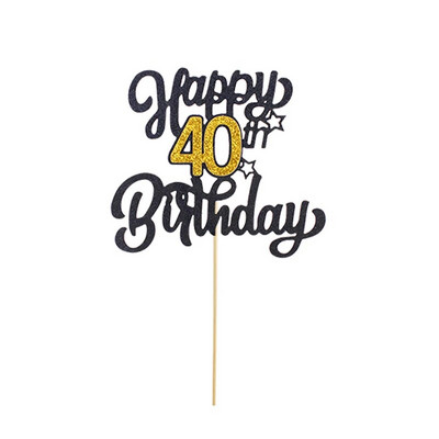 1vnt., Juodasis auksinis numeris su gimtadieniu torto viršus, 30, 40, 50, 60, 70 Happy Birthday Cake Topper gimtadienio vakarėlio dekoracijos