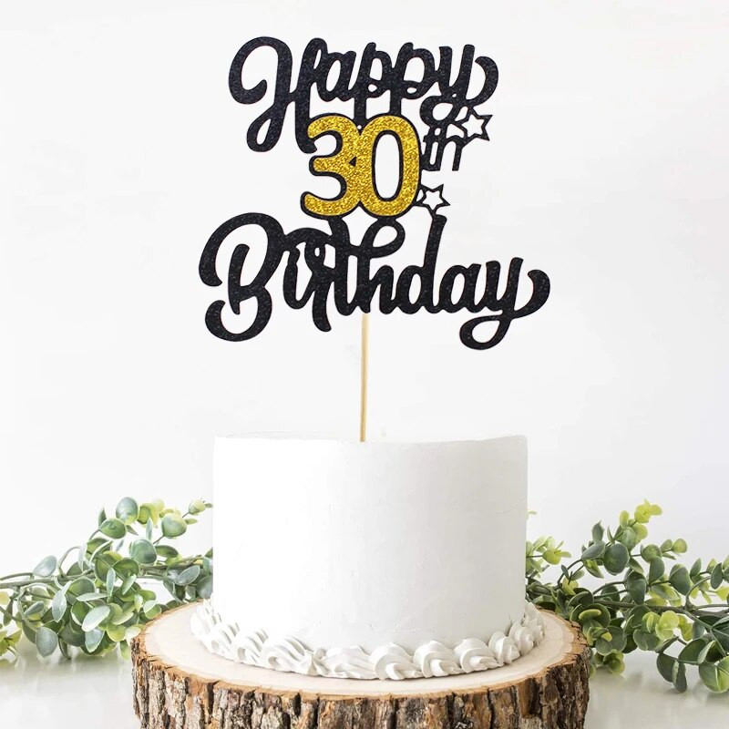 1vnt., Juodasis auksinis numeris su gimtadieniu torto viršus, 30, 40, 50, 60, 70 Happy Birthday Cake Topper gimtadienio vakarėlio dekoracijos