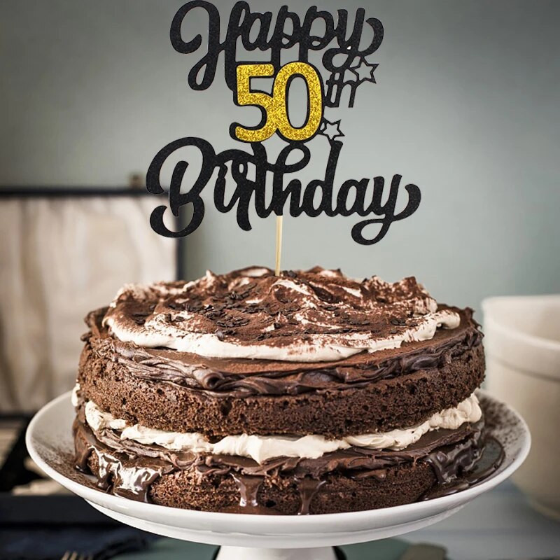 1vnt., Juodasis auksinis numeris su gimtadieniu torto viršus, 30, 40, 50, 60, 70 Happy Birthday Cake Topper gimtadienio vakarėlio dekoracijos